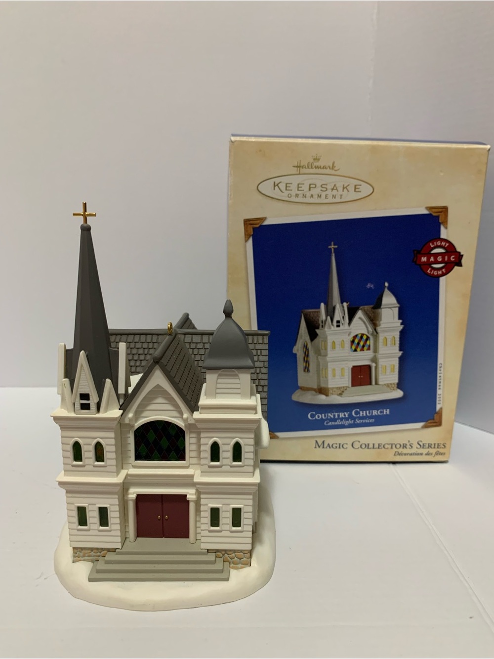 Hallmark White and Gray Lighted Church Ornament with Stained Glass